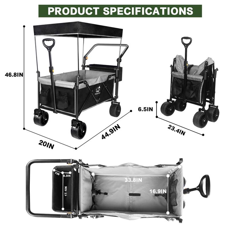Collapsible Wagon with Canopy Extra Large 140L Storage Steel Frame All-Terrain Wheels Brakes - 20” x 44.9” x 46.8”