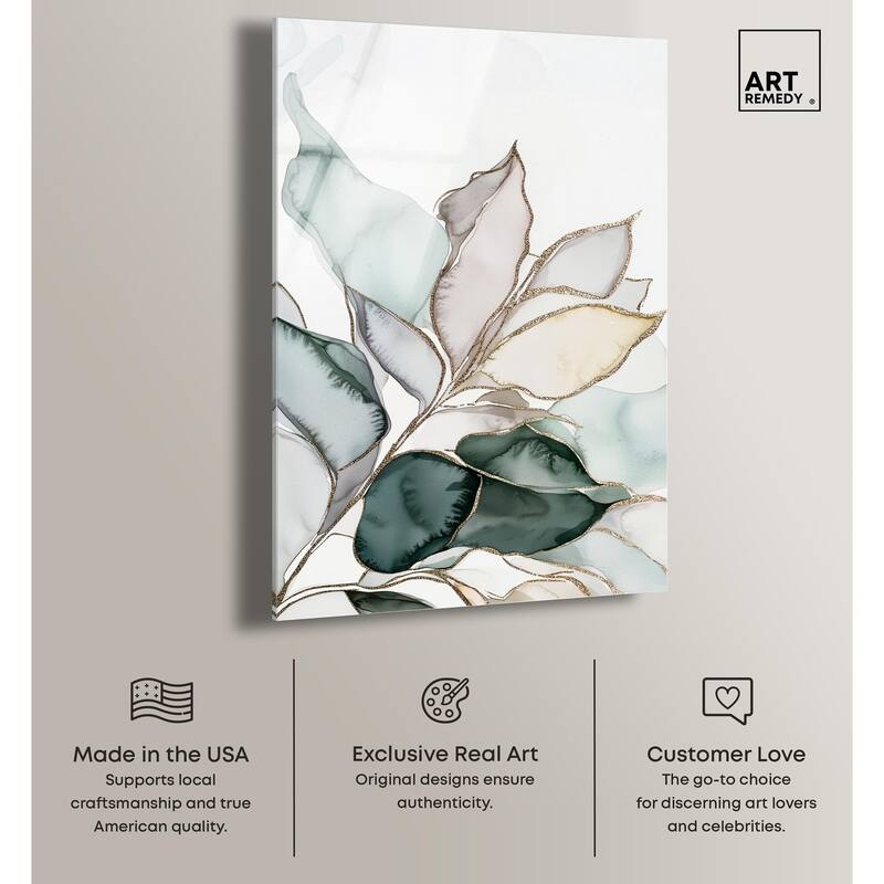 Pastel Leaves with Gold I Acrylic by Art Remedy, Ready to Hang