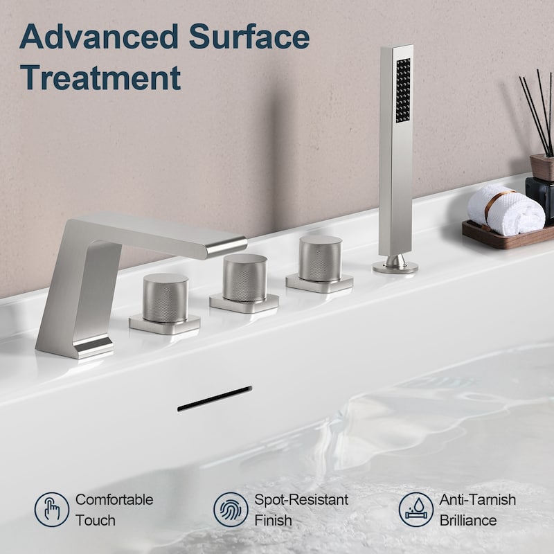 GRANDJOY Deck Mount Bathtub Spout and Handheld Shower Head Combo 5 Hole Design High Pressure
