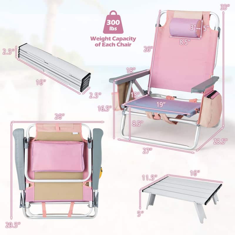 Costway 2-Pack Folding Backpack Beach Chair Table Set 5-Position