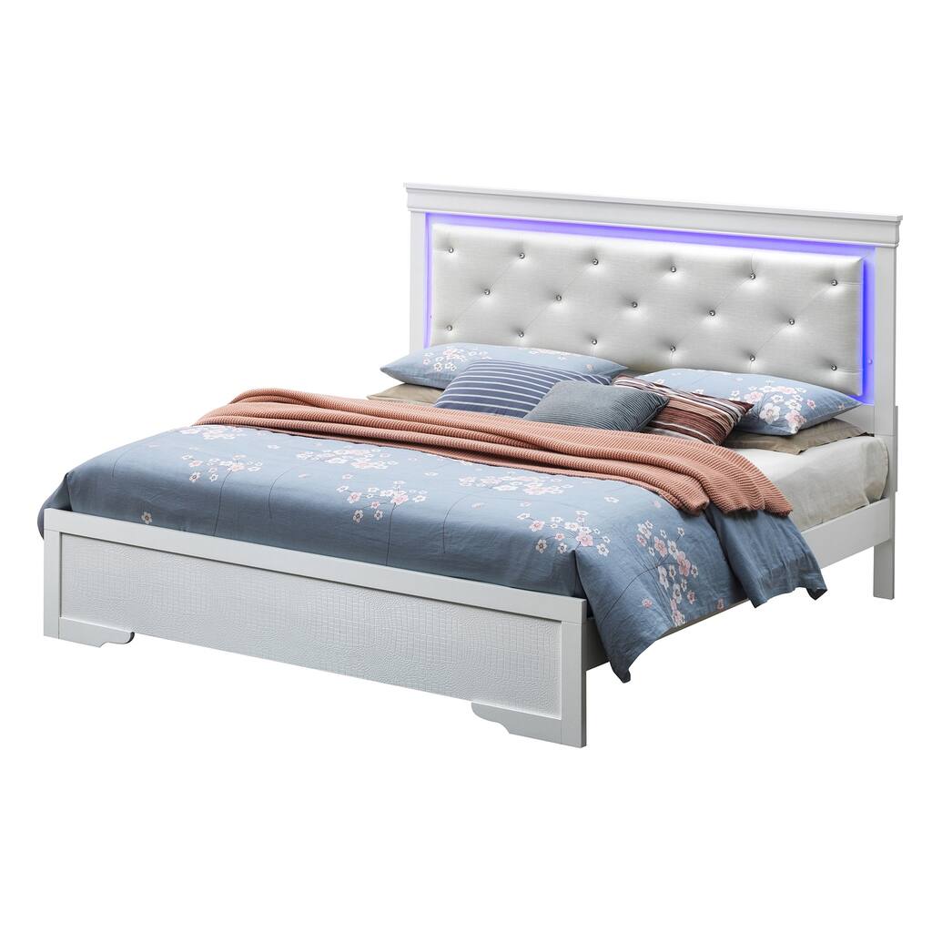 Champagne Bed with LED Lighting - Full Panel Bed - Tufted Leather Headboard - 57x80x53" - Requires Box Spring