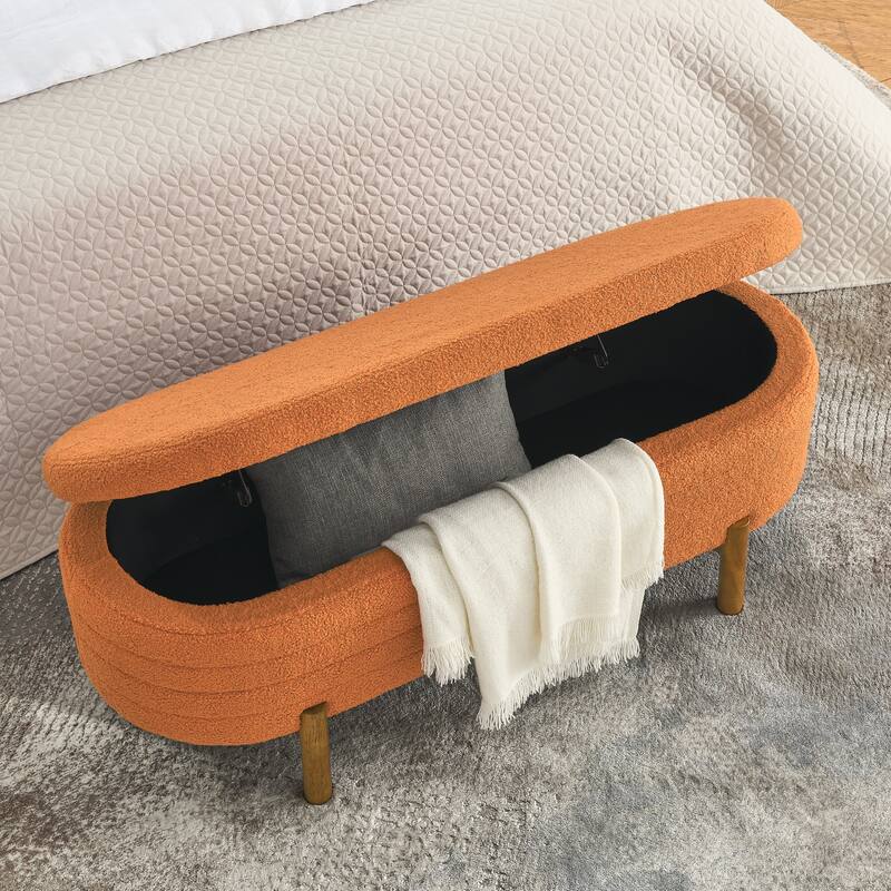 Small Ottoman Oval Storage Bench with Rubber Wood Leg Bedroom Upholstered Footstool Bench with Hidden Storage - Orange