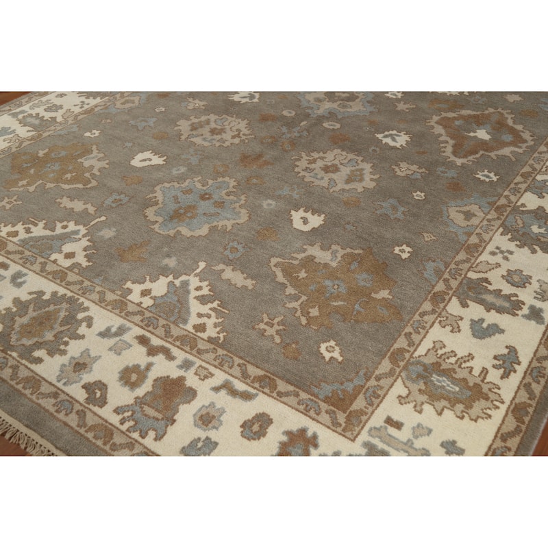 Gray Oushak Indian Area Rug Handmade Floral Transitional Wool Carpet - 7'11" x 10'1"