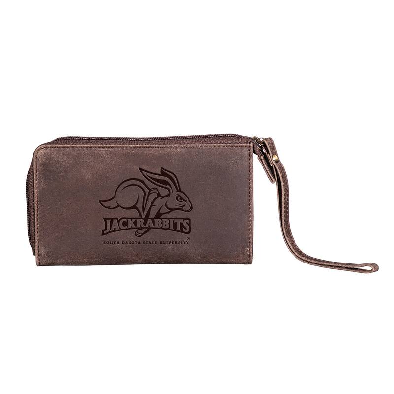 Brown Leather Cell Phone Wristlet Wallet, South Dakota State University - 4" x 7"