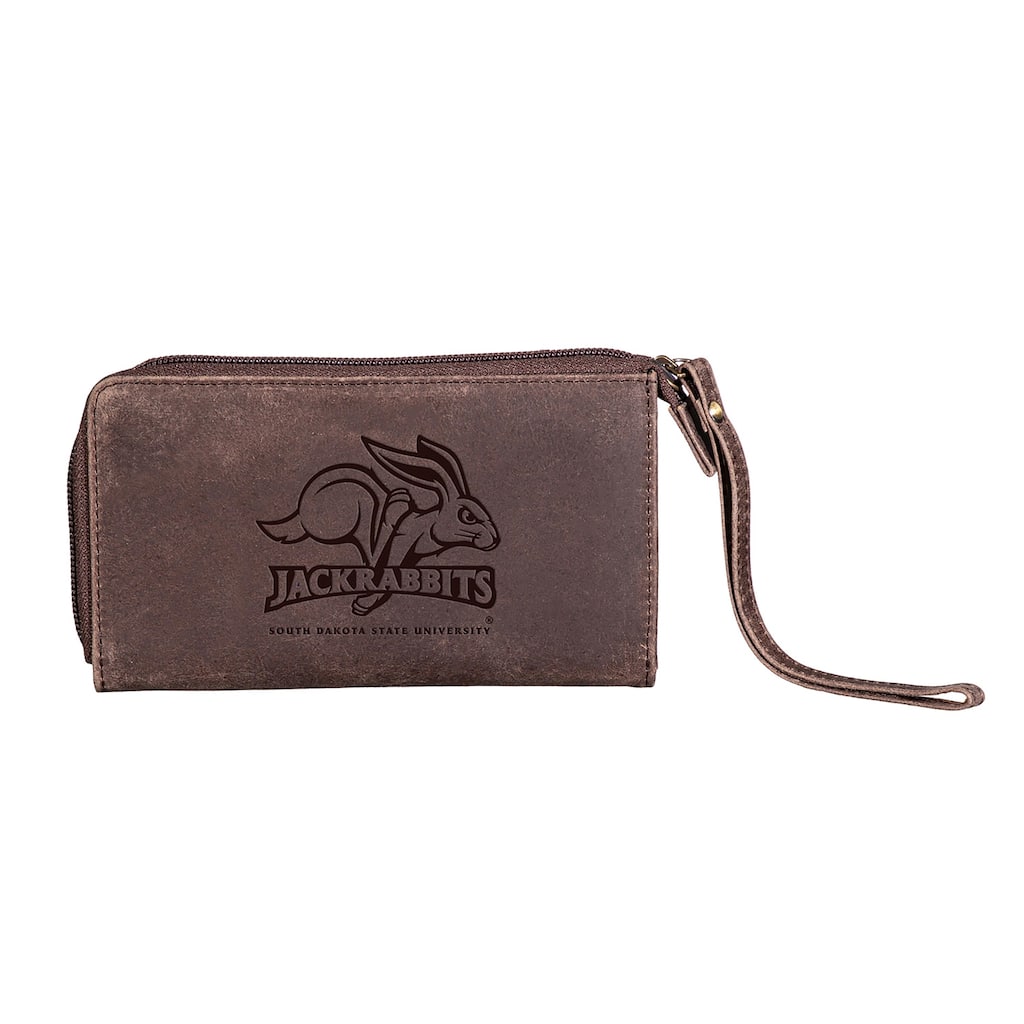 Brown Leather Cell Phone Wristlet Wallet, South Dakota State University - 4" x 7"