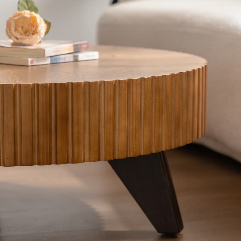 35.4 Inch Retro Round Coffee Table Multifunctional Coffee Table with 3 Solid Wood Legs for Living Room, Brown