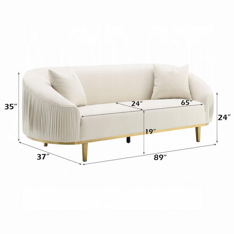 Artina Sofa, 2 Accent Throw Pillows, Ivory Velvet, Gold Metal, 89 Inch