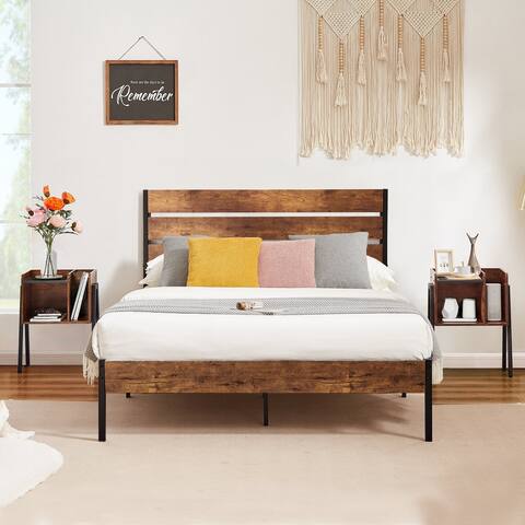 Vintage Industrial 3-Piece Platform Bed Frame and Nightstands Set of 2, Rustic Brown