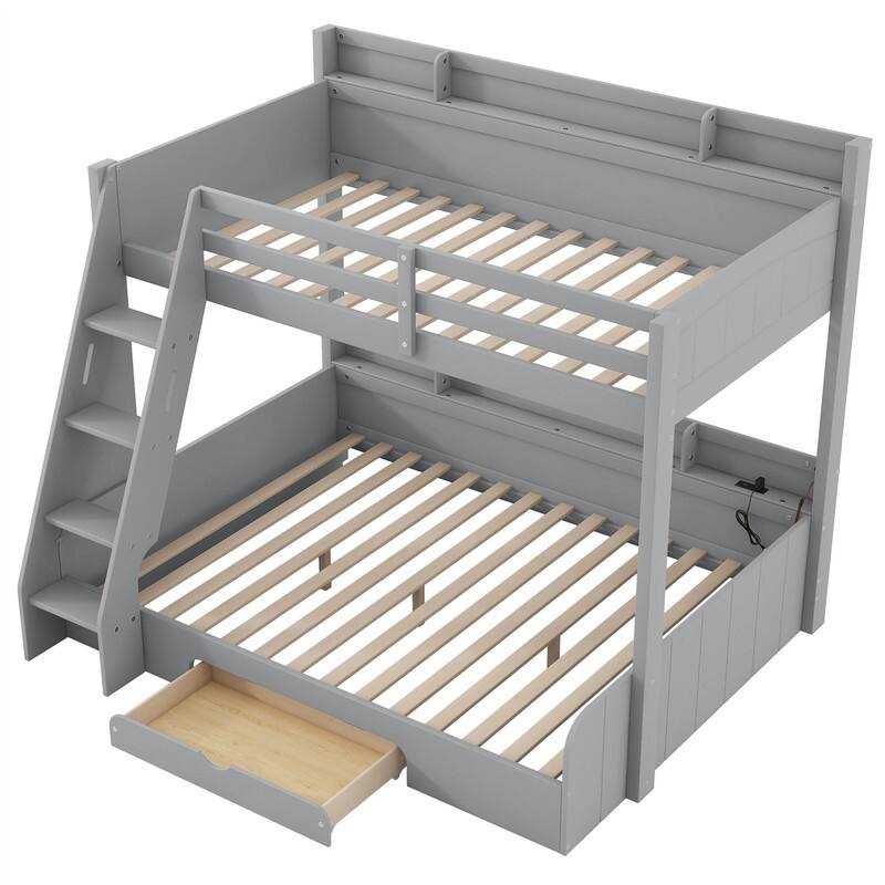 Twin over Full Bunk Bed with Storage Shelves, LED Light and a Drawer, Solid Wood Bunk Bedframe with USB Charging Station