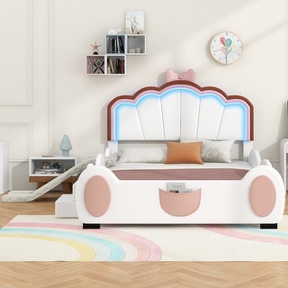 Full PU Upholstered Platform Bed w/ Shell Headboard, Slide, LED Light