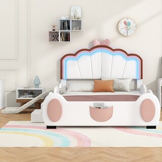 Full Size Kids Upholstered Platform Bed with Mini Ladder & Slide,White