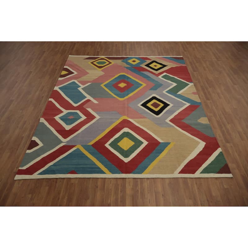 Hand Woven Oriental 100% Wool Carpet Southwestern Modern Multi-Colored Kilim Area Rug - 10' 10'' X 8' 10''