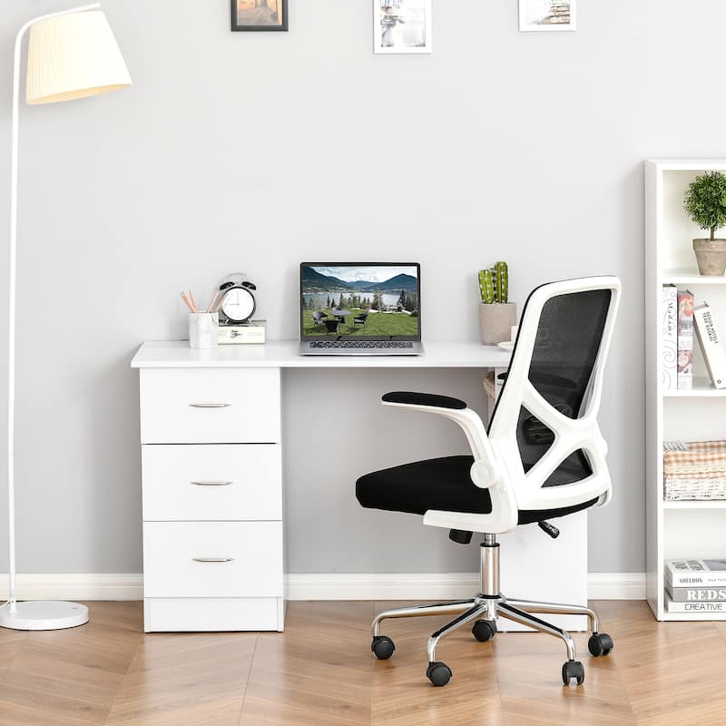 White MDF Desk with 3 Storage Drawers and Open Shelves for Home or Office