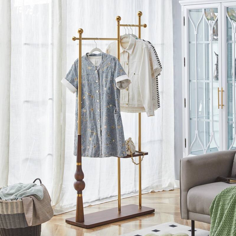 Industrial Coat Rack, Solid Wood and Stainless Steel Heavy Duty Clothing Stand with 2 Layer Storage