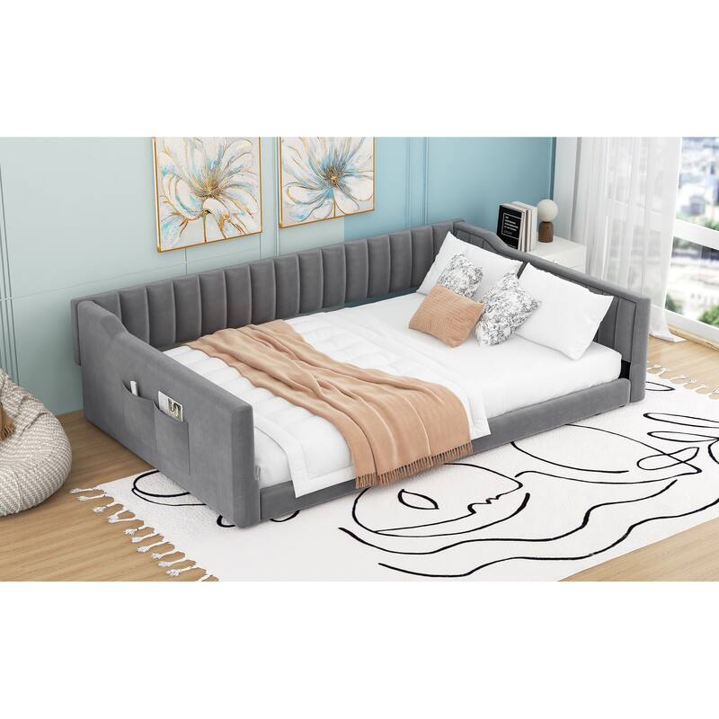 Full XL Velvet Upholstered Daybed with Vertical Channel Tufting and Side Storage Pocket, No Box Spring Needed, Modern Sofa Bed