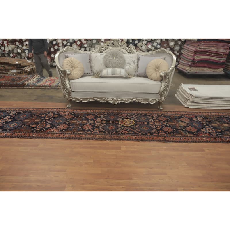 Hand Knotted Oriental 100% Wool Carpet Traditional Geometric Navy Blue & Blues Malayer Runner Rug - 16' 10'' X 3' 7''