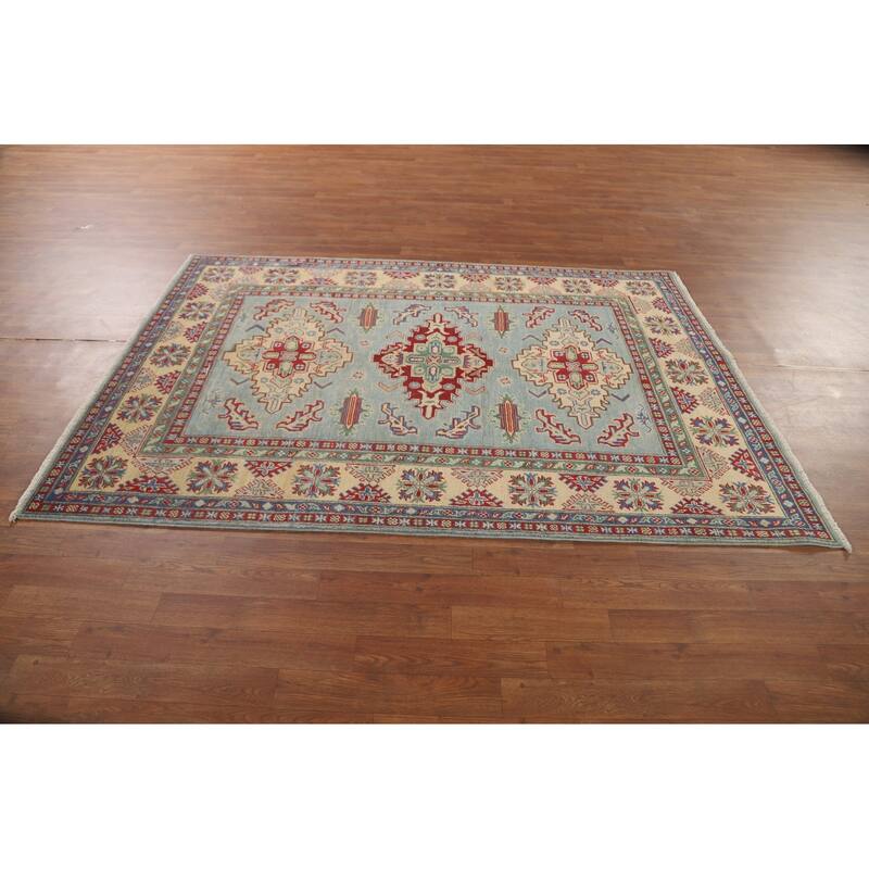 Light Blue Geometric Kazak Area Rug Handmade Wool Carpet - 4'11" x 6'10"