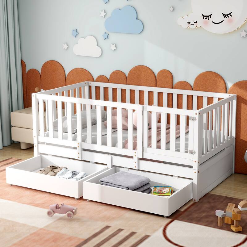 Modern Wood Daybed with Fence Guardrails and 2 Drawers