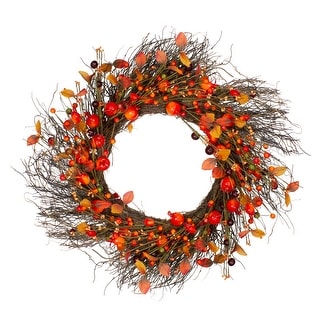Leaves Berries Artificial Fall Harvest Twig Wreath - 24 inch, Unlit ...