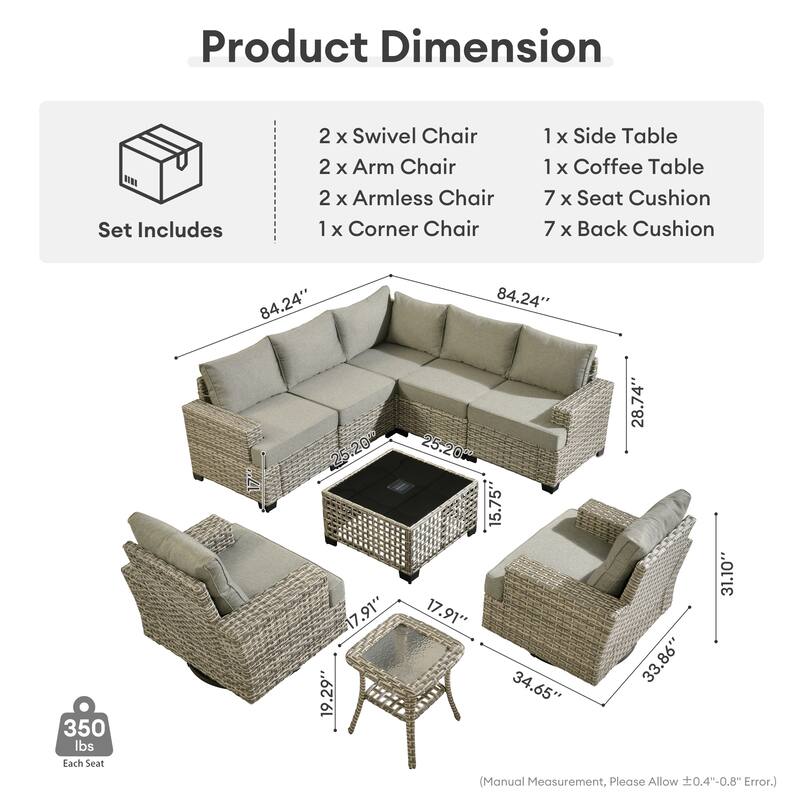 HOOOWOOO 9-piece Patio Wicker Sofa Swivel Chair Sectional Set