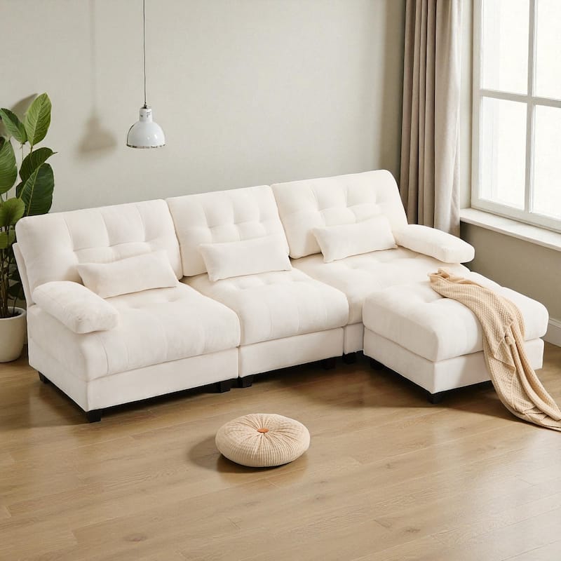 93" 3+1 Seater Sofa with Ottoman, Adjustable 4-Position Backrest, Soft Chenille Upholstery and 3 Pillows for Living Room - Beige