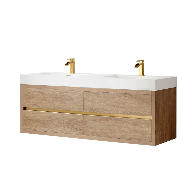 Palencia Double Floating Vanity with White Sink Top without Mirror - 60in. - 60in. - North American Oak