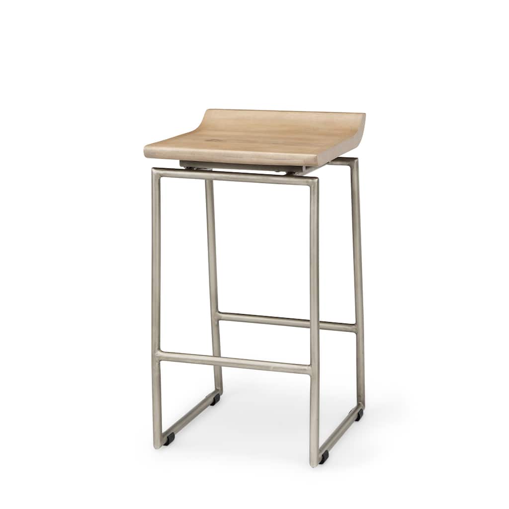 Givens Light Brown Solid Wood with Silver Metal Frame Counter Stool - 14"W x 15.7"D x 25.7"H