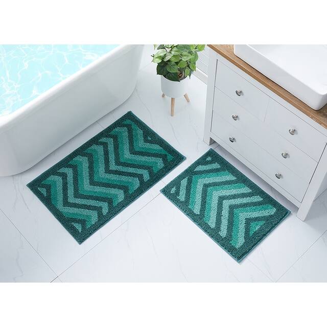 Clara Clark Non Slip Shaggy Bath Rug Set - Chevron Design Ultra Soft Bathroom Mat - 2 Piece Set - Green