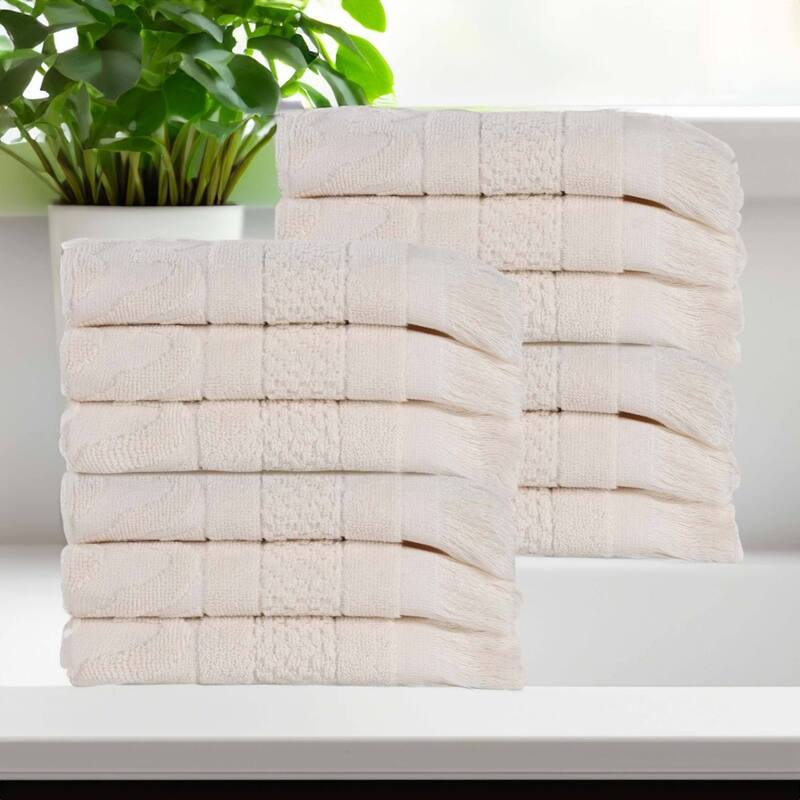 Superior Rolla Cotton Geometric Jacquard Face Towel Washcloth Set of 12 - Ivory