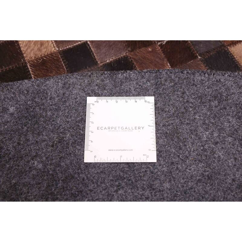 ECARPETGALLERY Handmade Cowhide Patchwork Dark Brown Leather Rug - 5'0 x 5'0