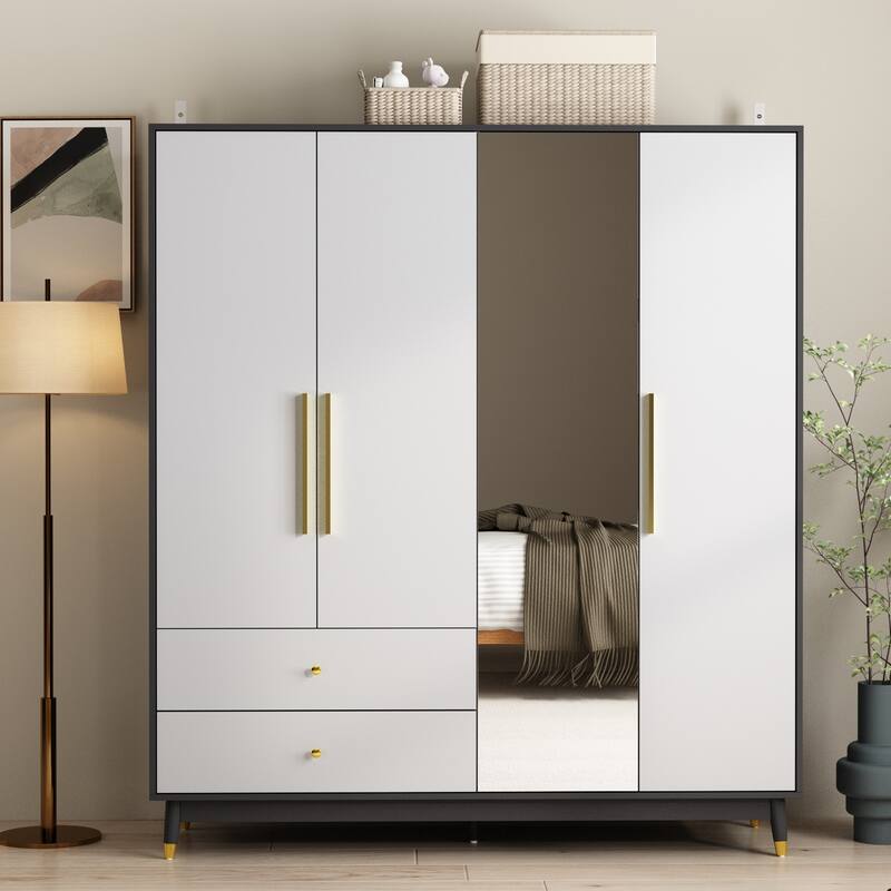 Wooden 2 Drawers 4 Doors Wardrobe Armoire With Mirror (Gray/Black)