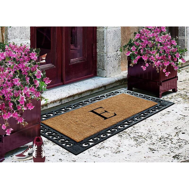 A1HC Rubber and Coir Maple Leaf, Heavy Weight Durable Monogrammed Doormat, 23"X38" Black
