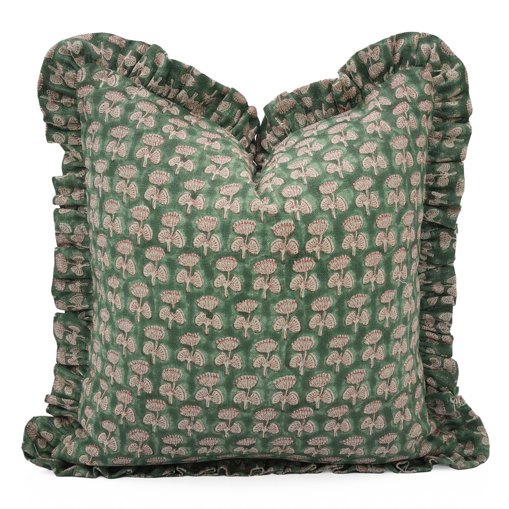 Fabdivine Handmade Sage Green Block Print Thick Linen Frill Pillow Cover Farmhouse Decor - Damru