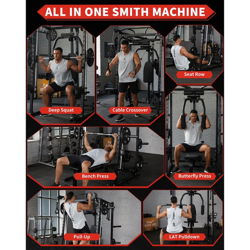 Smith Machine, 2000LBS Power Rack with Smith Bar, Cable Crossover Machine and Chest Station Machine for Home Gym