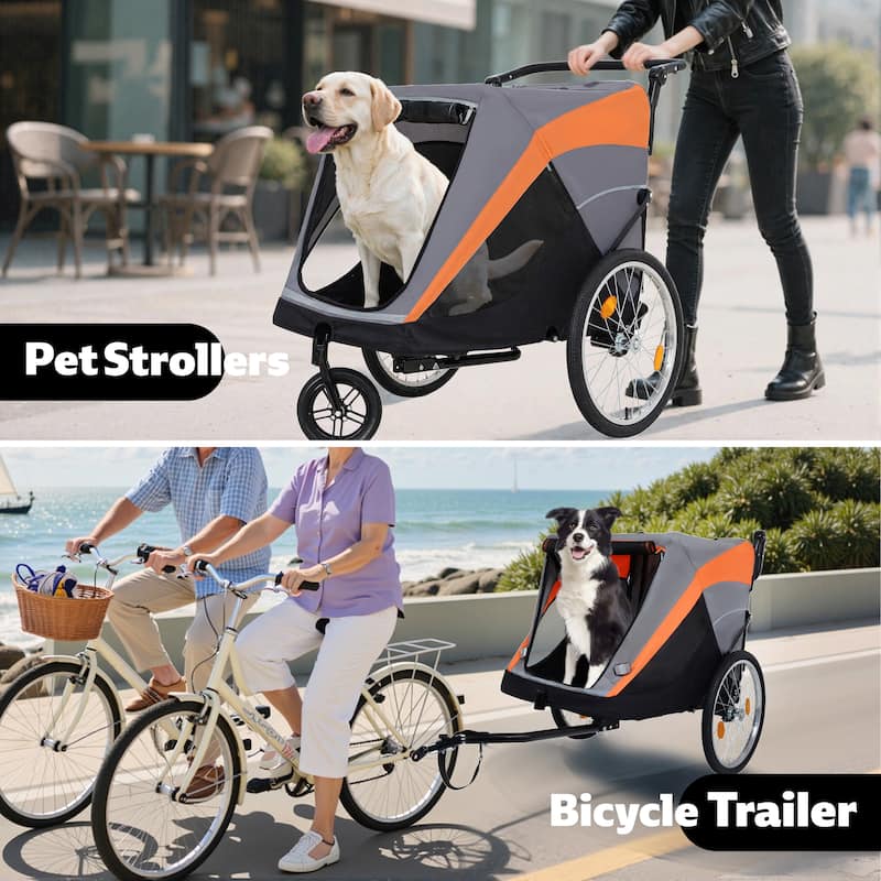 2-in-1 Pet Bike Trailer & Push Cart - 100LB Dog Carrier with Quick Release Wheels, Storage Bag & Safety Leash
