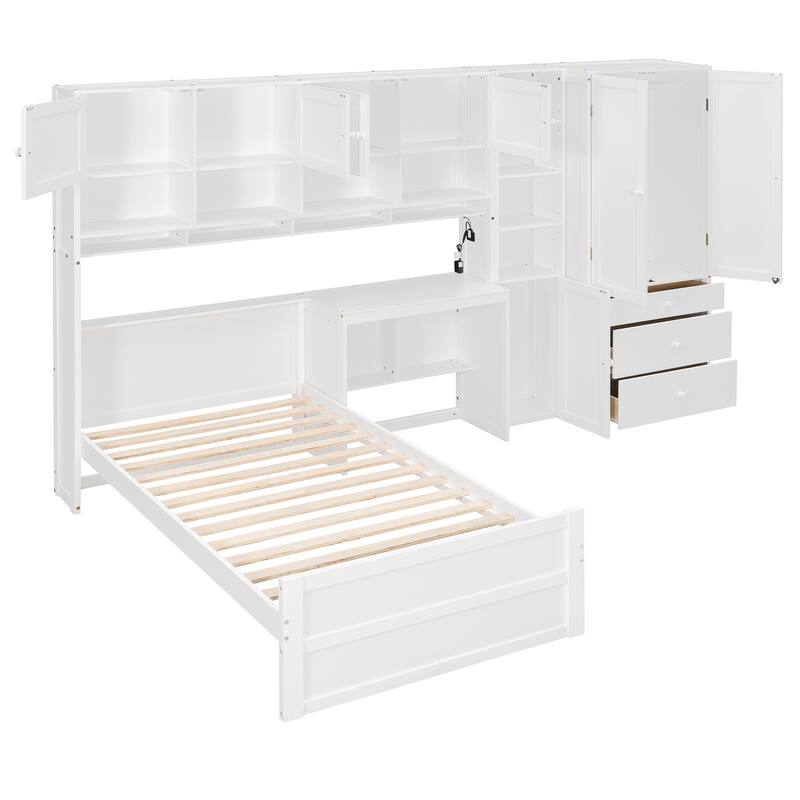 Twin Size Murphy Bed Cabinet Foldable Wall Bed Frame with Storage Wardrobes, Desk & Shelves, Wooden Hidden Platform Bed Chest