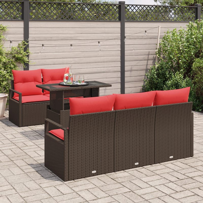vidaXL 6 Garden Sofa Set with Cushions Black/Brown/Grey Poly Rattan - 68.9 x 24.4 x 27.2