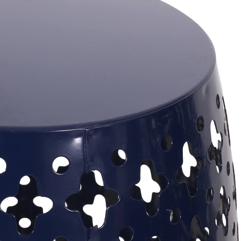Miami Outdoor End Table, Cutout Design, Round 17 Inch, Navy Blue Iron
