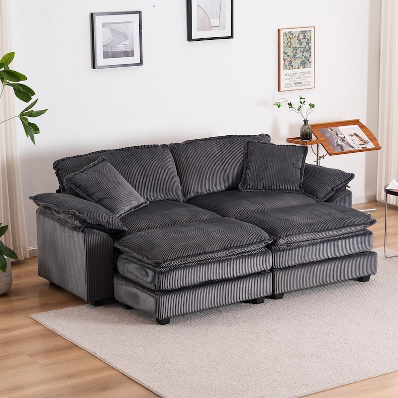 84.6" Corduroy 2-seats sofa With 2 back pillows,2 toss pillows and two ottoman