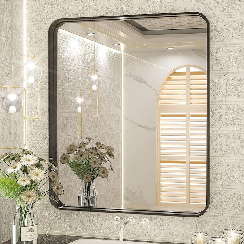 TETOTE Modern Metal Frame Wall Mounted Bathroom Vanity Mirror - 30x36 - Black