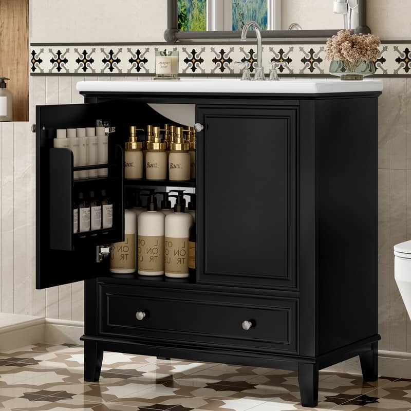 30" Bathroom Vanity with Ceramic Sink Combo, Doors and Drawer - Black