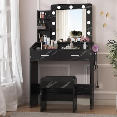 Vanity Desk with Mirror and Lights, Makeup Vanity with Power Outlet & Cushioned Stool