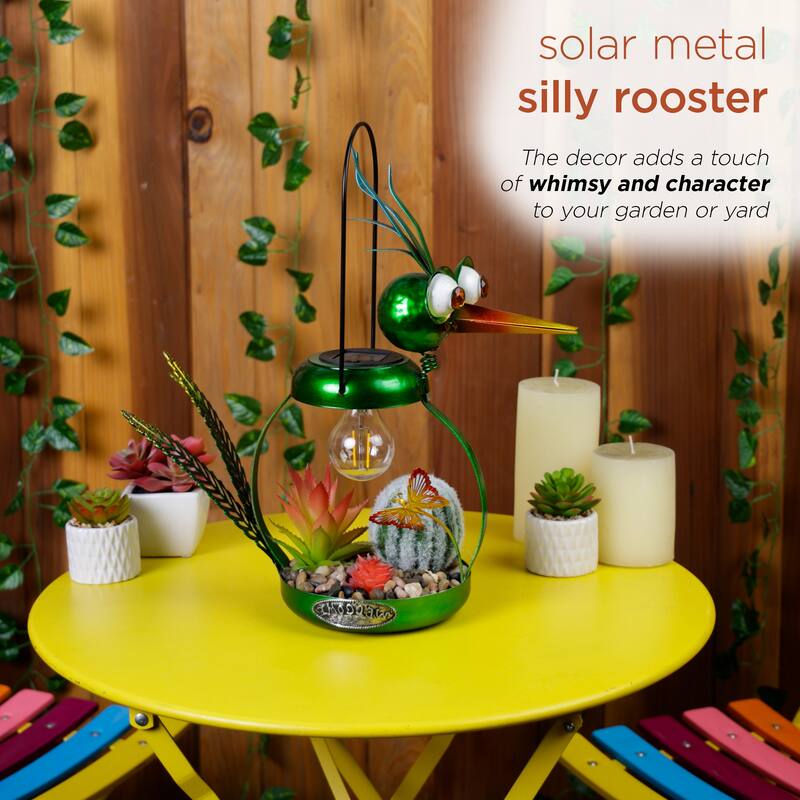 Solar Metal Silly Green Bird with Garden and LED Decor