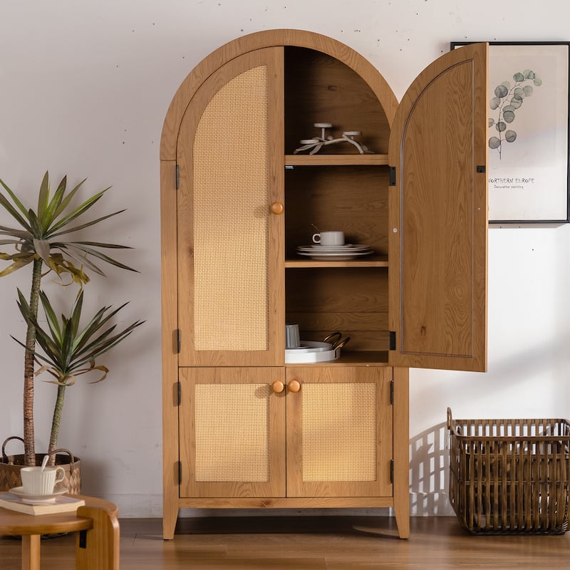 Arched Pantry Cabinet, 63.39" Rattan Storage Cabinet with Doors, Adjustable Shelves, Farmhouse Freestanding Cupboard for Kitchen