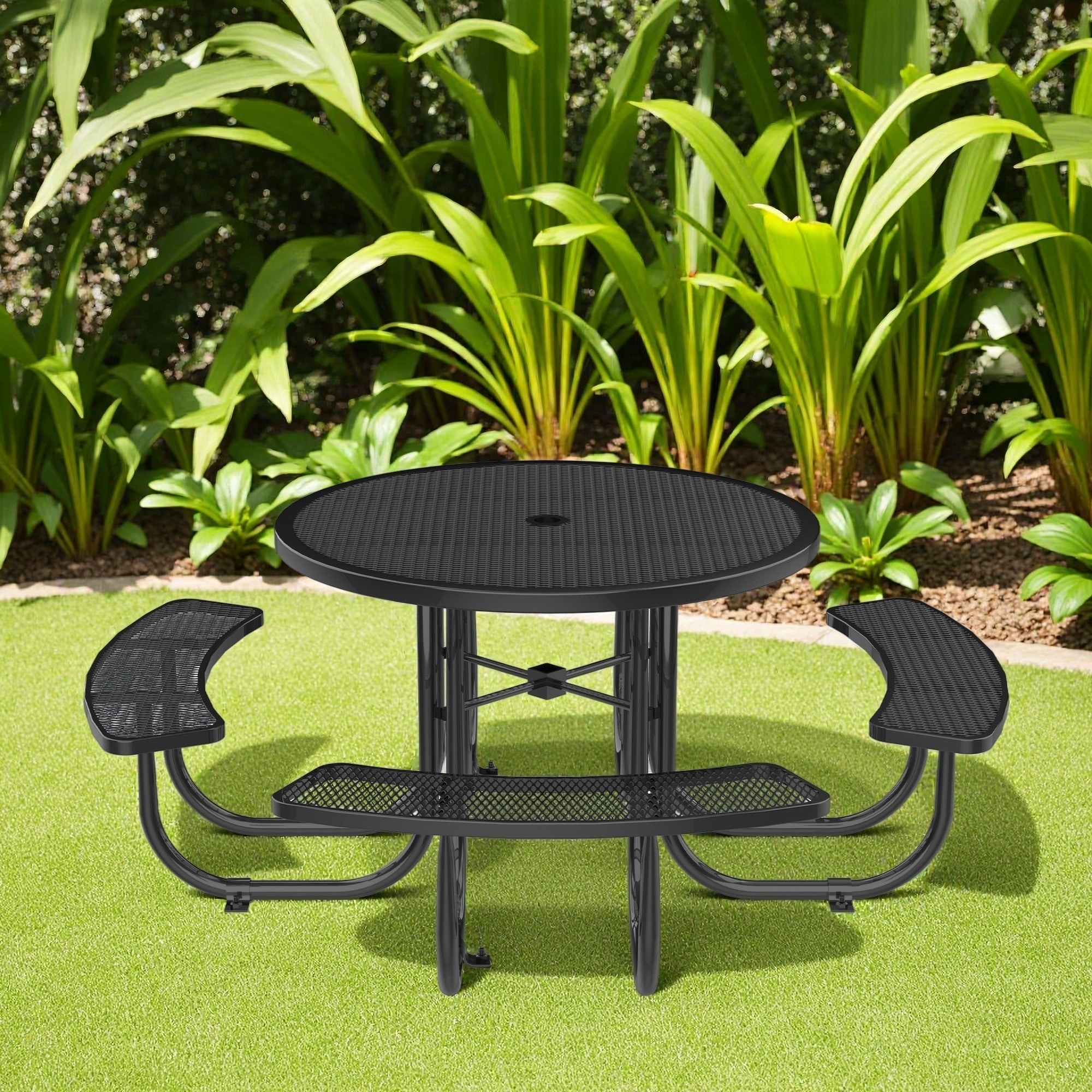4-Person Outdoor Steel Round Picnic Table with Umbrella Hole (46'' Table Top)