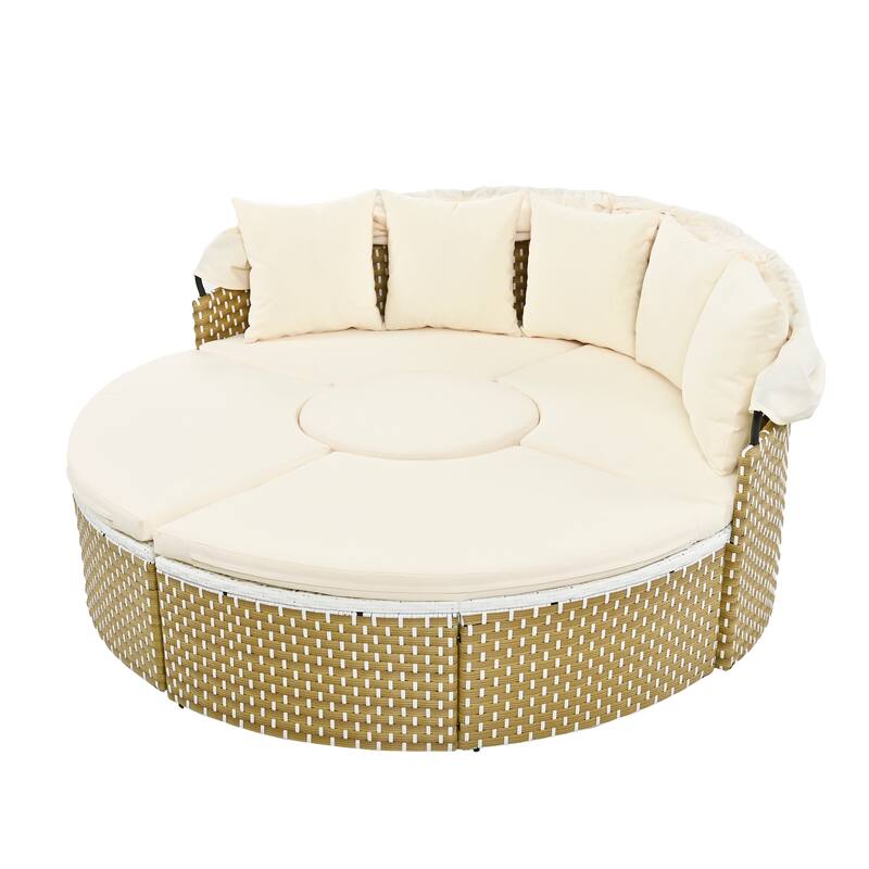 Outdoor Patio Furniture Set, Round Outdoor Sectional Sofa Set, Rattan Daybed with Retractable Canopy and Removable Cushion