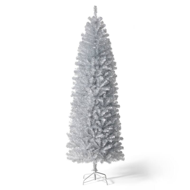 Glitzhome 7.5ft/9ft Shimmering Tinsel Pink Slim Pencil Fir Artificial Christmas Trees