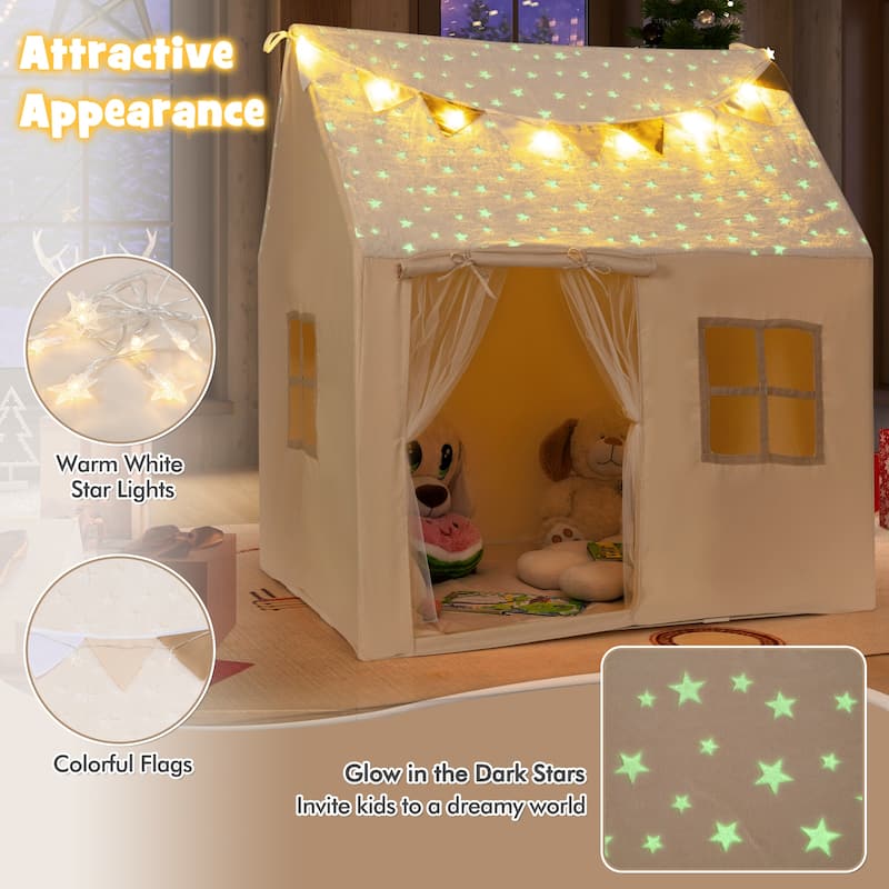 Beige Flannel Kids Playhouse with Glow Stars, Lights, Mesh Windows and Mat - 47" x 41" x 51" (L x W x H)