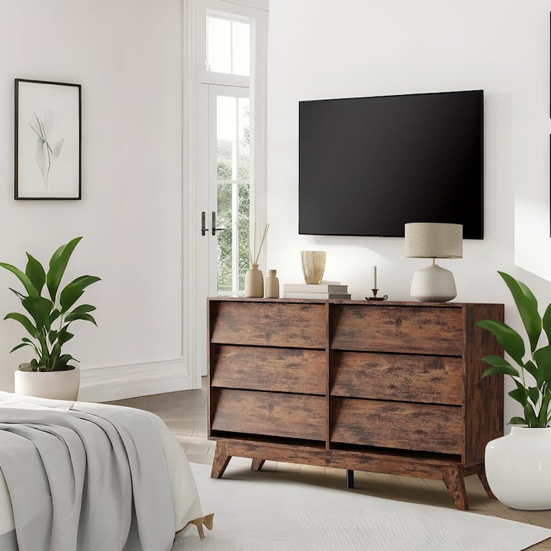 6-Drawer Dresser for Bedroom, 47.2" Wide Wooden Chest with Bevel Design, Mid-Century Vintage TV Stand