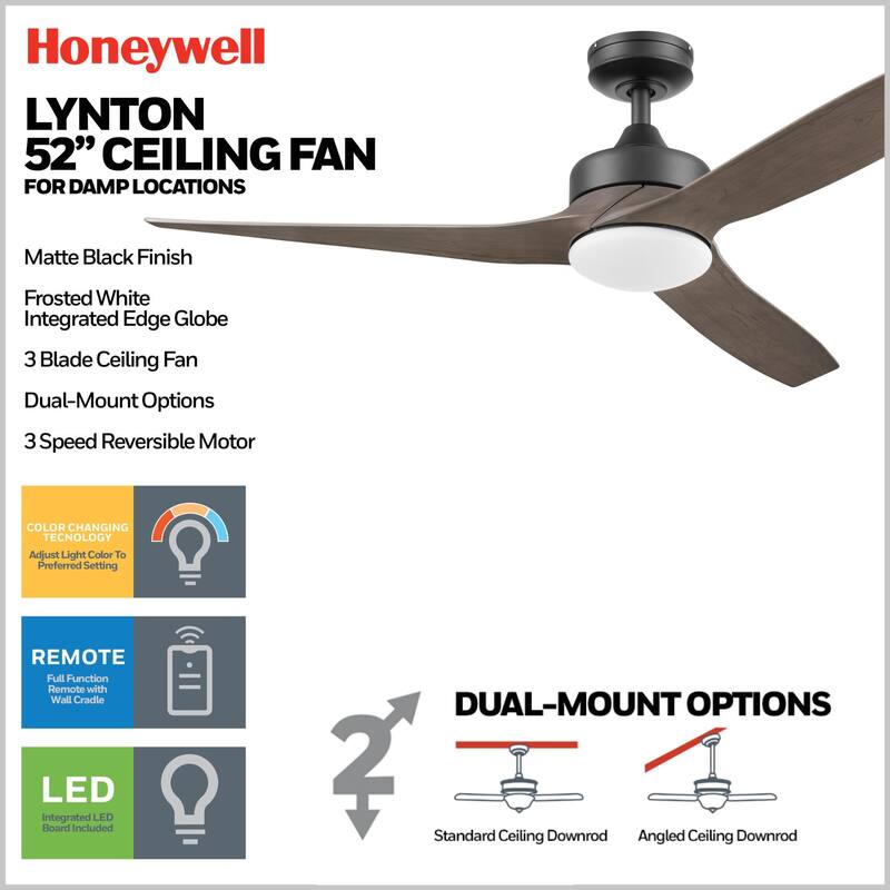 52" Honeywell Lynton Indoor/Outdoor Ceiling Fan with Color Changing LED Light, Remote Control, High Performance Blades